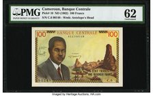 Cameroon Banque Centrale 100 Francs ND (1962) Pick 10 PMG Uncirculated 62. A strikingly colorful issue featuring President Ahmadou Ahidjo on this Fren...