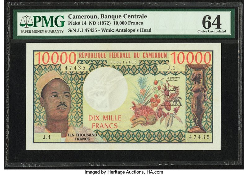 Cameroon Banque Centrale 10,000 Francs ND (1972) Pick 14 PMG Choice Uncirculated...