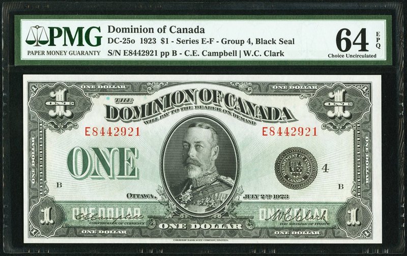 Canada Dominion of Canada $1 2.7.1923 DC-25o PMG Choice Uncirculated 64 EPQ. A h...