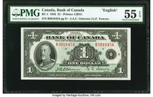 Canada Bank of Canada $1 1935 BC-1 PMG About Uncirculated 55 EPQ. This handsome and lightly circulated example featuring the B-prefix, which is seen o...