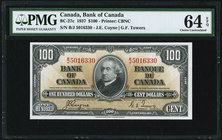 Canada Bank of Canada $100 2.1.1937 BC-27c PMG Choice Uncirculated 64 EPQ. A pleasing, pack fresh example of this high denomination type. Bright color...