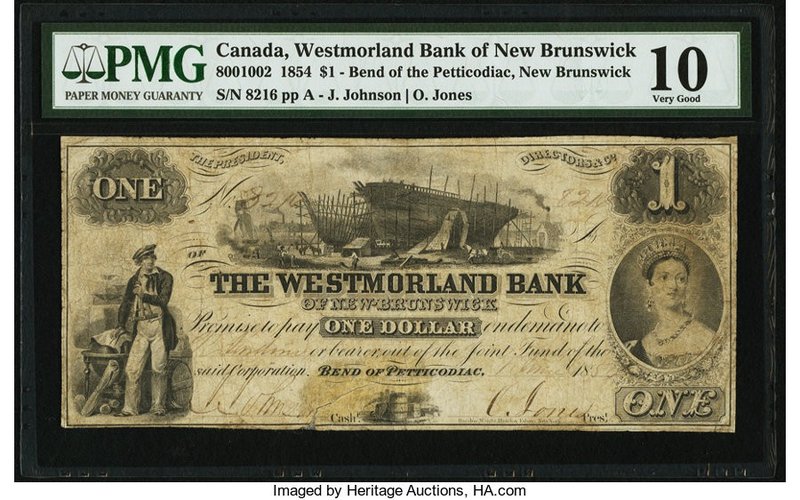 Canada Bend of Petticodiac, NB- Westmorland Bank of New Brunswick $1 1.6.1854 Ch...