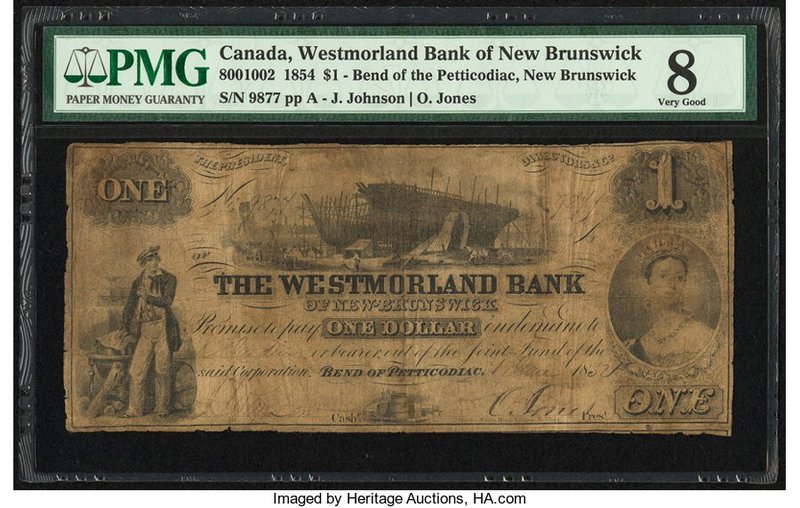 Canada Bend of Petticodiac, NB- Westmorland Bank of New Brunswick $1 1.6.1854 Ch...