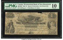 Canada Bend of Petticodiac, NB- Westmorland Bank of New Brunswick $1 1.5.1856 Ch.# 800-10-08 PMG Very Good 10. A well printed and signed example of th...