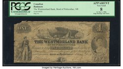 Canada Bend of Petticodiac, NB- Westmorland Bank of New Brunswick $1 1.5.1856 Ch.# 800-10-08 PCGS Apparent Very Good 8. The shipbuilding vignette and ...