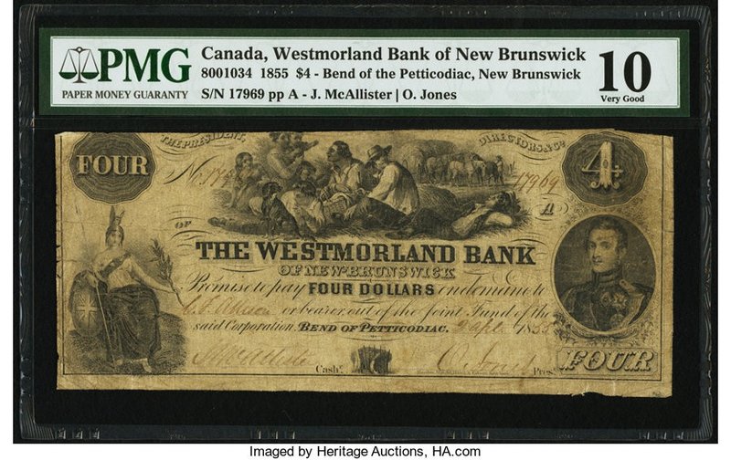 Canada Bend of Petticodiac, NB- Westmorland Bank of New Brunswick $4 2.4.1855 Ch...