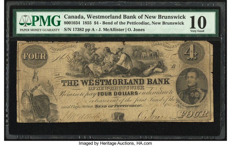 Canada Bend of Petticodiac, NB- Westmorland Bank of New Brunswick $4 2 2.4.1855 ...
