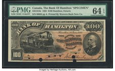 Canada Hamilton, LC- Bank of Hamilton $100 1.6.1892 Ch.# 345-16-10S Specimen PMG Choice Uncirculated 64 EPQ. A lovely Specimen example of this high de...