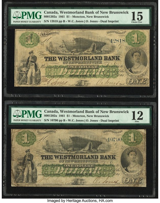 Canada Moncton, NB- Westmorland Bank $1 1.8.1861 Ch.# 800-12-02a Two Examples PM...