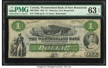 Canada Moncton, NB- Westmorland Bank of New Brunswick $1 1.8.1861 Ch.# 800-12-02R Remainder PMG Choice Uncirculated 63 EPQ. A lovely, high remainder f...