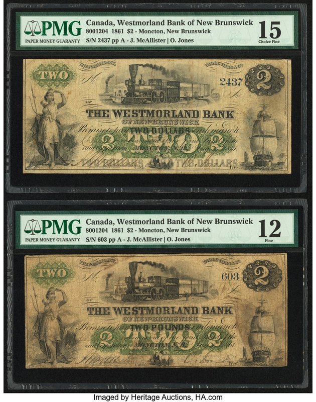 Canada Moncton, NB- Westmorland Bank of New Brunswick $2 1.8.1861 Ch.# 800-12-04...