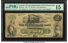 Canada Moncton, NB- Westmorland Bank of New Brunswick $2 1.8.1861 Ch.# 800-12-04a PMG Choice Fine 15. The Wm. C. Jones signature appears at left on th...