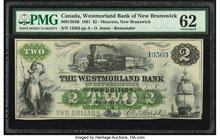 Canada Moncton, NB- Westmorland Bank of New Brunswick $2 1.8.1861 Ch.# 800-12-04R Remainder PMG Uncirculated 62. Gorgeous color and nice framing are f...