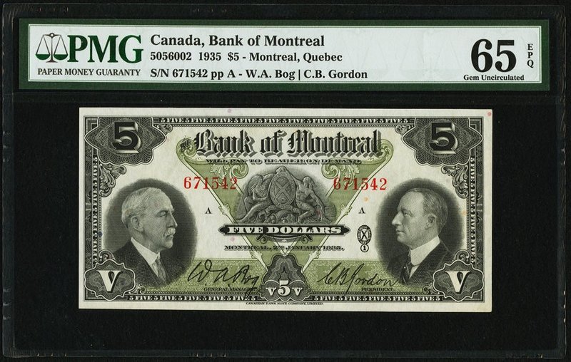 Canada Montreal, PQ- Bank of Montreal $5 2.1.1935 Ch.# 505-60-02 PMG Gem Uncircu...