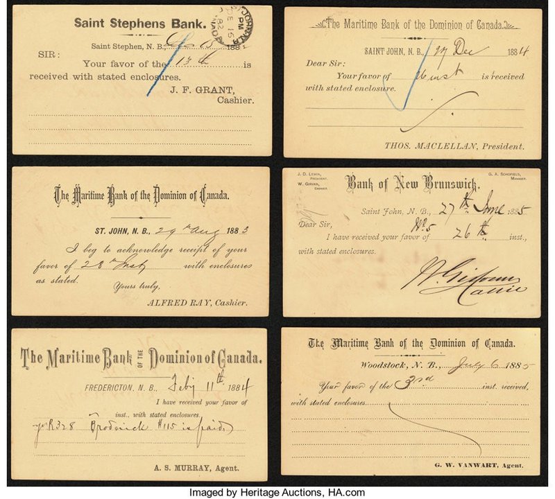 A Half Dozen 19th Century Dated Bank Correspondence Post Cards from New Brunswic...