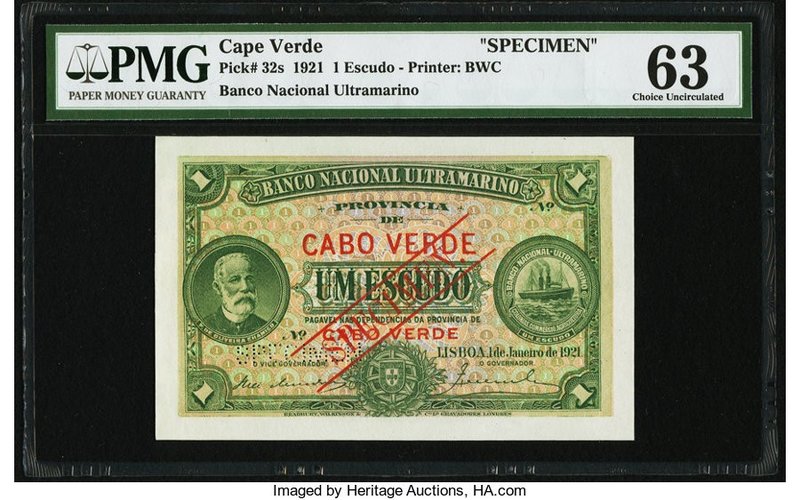 Cape Verde Banco Nacional Ultramarino 1 Escudo 1.1.1921 Pick 32s Specimen PMG Ch...