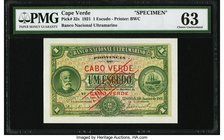 Cape Verde Banco Nacional Ultramarino 1 Escudo 1.1.1921 Pick 32s Specimen PMG Choice Uncirculated 63. Deep green inks draw a great attraction on this ...