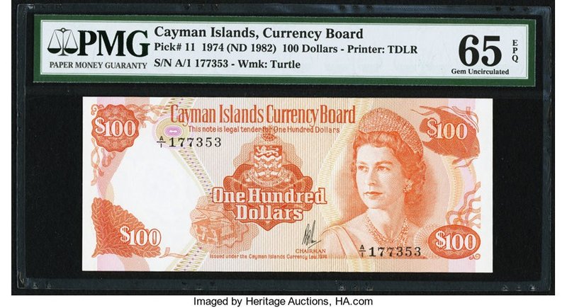 Cayman Islands Currency Board 100 Dollars 1974 (ND 1982) Pick 11 PMG Gem Uncircu...