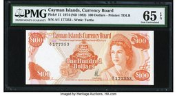 Cayman Islands Currency Board 100 Dollars 1974 (ND 1982) Pick 11 PMG Gem Uncirculated 65 EPQ. A gorgeous high denomination example from the 1974 Curre...