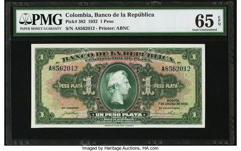 Colombia Banco de la Republica 1 Peso 1.1.1932 Pick 382 PMG Gem Uncirculated 65 ...