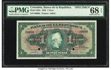 Colombia Banco de la Republica 1 Peso 1.1.1932 Pick 382s Specimen PMG Superb Gem Unc 68 EPQ. Printed in green ink on a multicolor underprint by the Am...