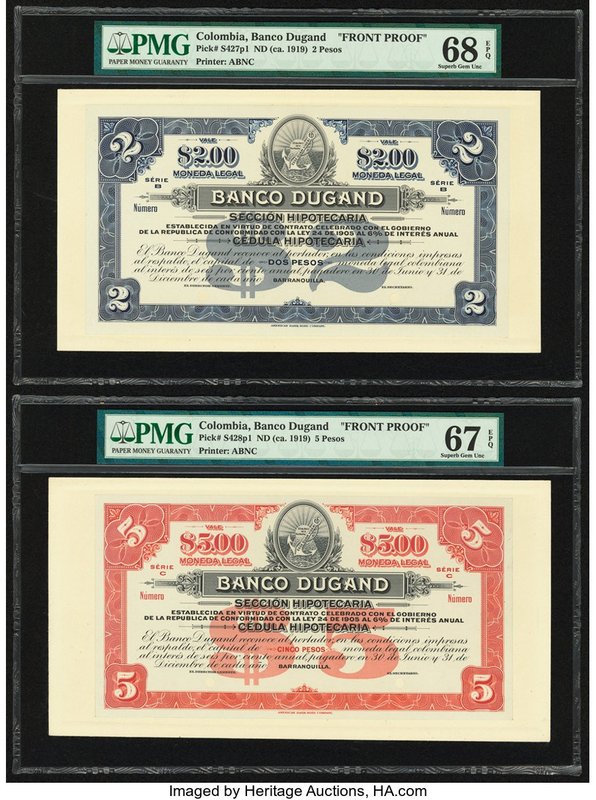 Colombia Banco Dugand 2; 5 Pesos ND (ca. 1919) Pick S427p1; S428p1 Two Front Pro...