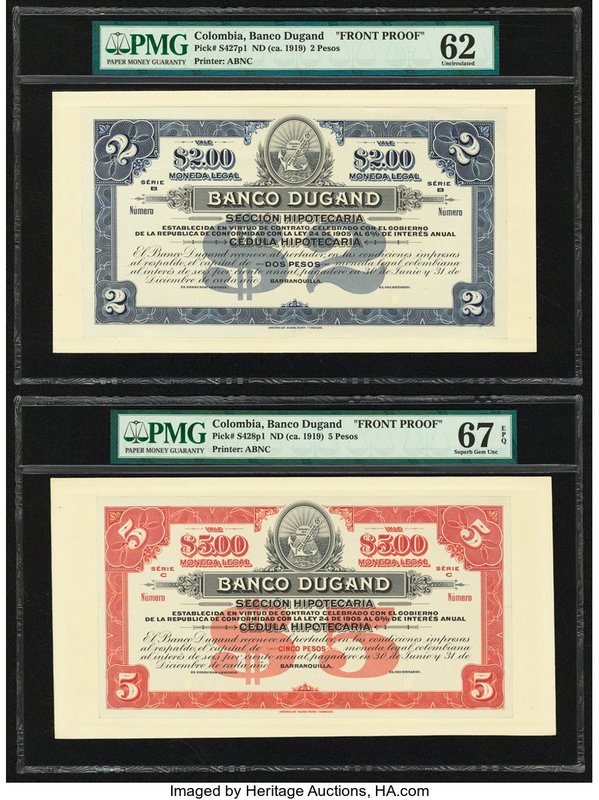 Colombia Banco Dugand 2; 5 Pesos ND (ca. 1919) Pick S427p1; S428p1 Two Front Pro...