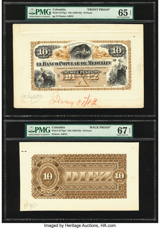 Colombia Banco Popular de Medellin 10 Pesos ND (1883-85) Pick S773p1; S773p2 Fro...