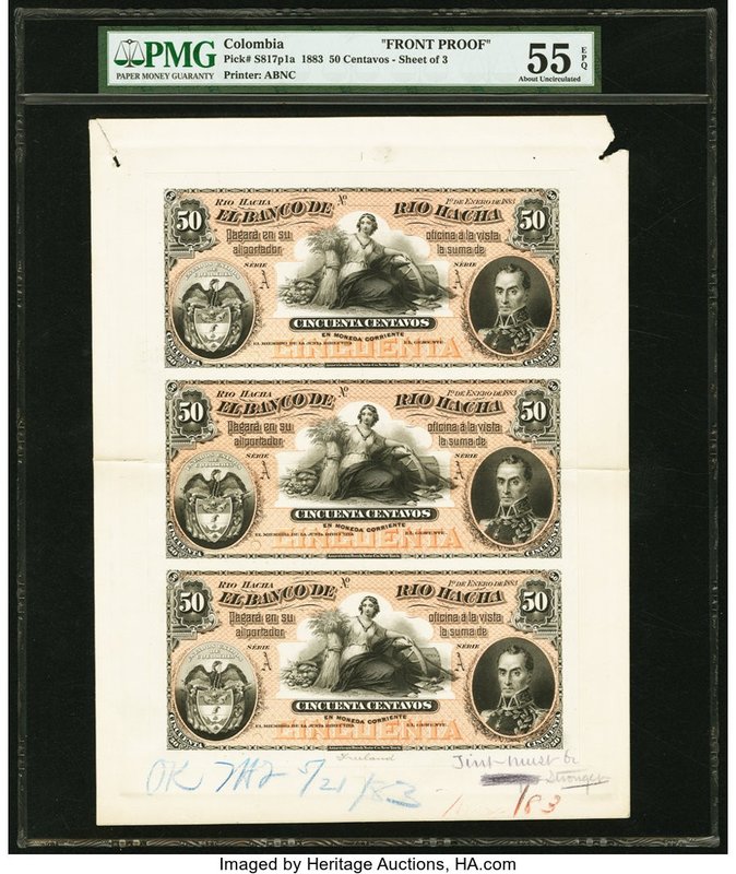 Colombia Banco de Rio Hacha 50 Centavos 1.1.1883 Pick S817p1a Uncut Sheet of 3 F...
