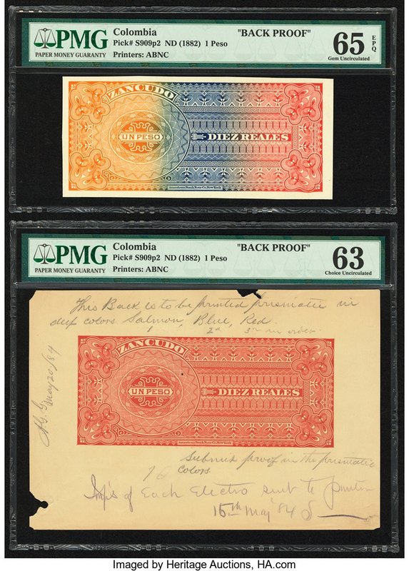 Colombia Sociedad de Zancudo 1 Peso ND (1882) Pick S909p Two Back Proofs PMG Gem...