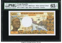 Congo Banque des Etats de l'Afrique Centrale 5000 Francs ND (1978) Pick 4c PMG Gem Uncirculated 65 EPQ. A beautiful note, and very popular in Uncircul...