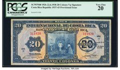 Costa Rica Banco Nacional de Costa Rica 20 Colones 22.6.1938 Pick 192b PCGS Very Fine 20. A rare overprinted type, stamped atop a Banco Internacional ...