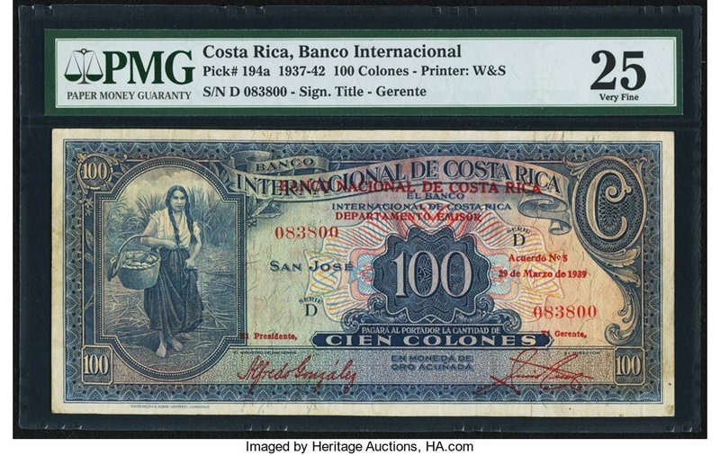 Costa Rica Banco Nacional de Costa Rica 100 Colones 29.3.1939 Pick 194a PMG Very...