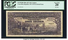 Costa Rica Banco Nacional 5 Colones 10.3.1937 Pick 198a PCGS Very Fine 20. This scarce type was created by black overprints atop Banco Internacional d...