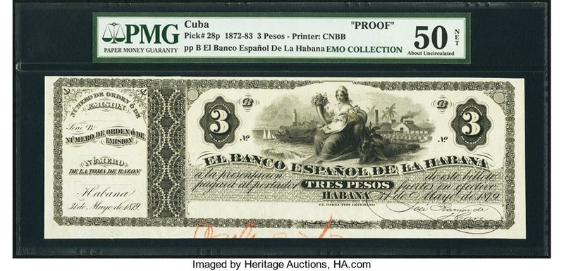 Cuba El Banco Espanol de la Habana 3 Pesos 31.5.1879 Pick 28p Face Proof PMG Abo...