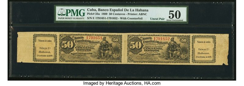 Cuba El Banco Espanol de la Habana 50 Centavos 28.10.1889 Pick 33a Uncut Pair PM...