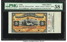 Cuba Banco Espanol De La Isla De Cuba 5 Pesos 15.5.1896 Pick 48s Specimen PMG Choice About Unc 58 EPQ. A wonderful color is observed in the fiery oran...
