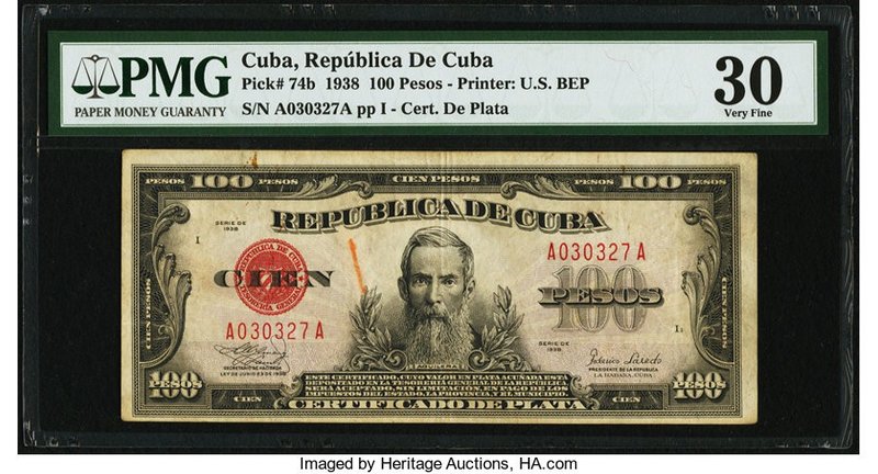 Cuba Republica de Cuba 100 Pesos 1938 Pick 74b PMG Very Fine 30. An earlier 1938...