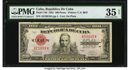 Cuba Republica de Cuba 100 Pesos 1945 Pick 74d PMG Choice Very Fine 35 Net. These scarce notes were issued with five dates spanning from 1936 to 1948....