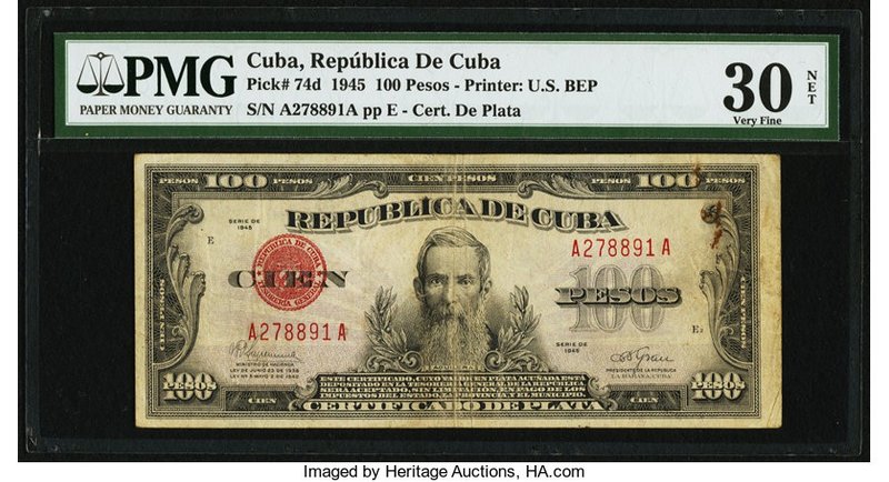 Cuba Republica de Cuba 100 Pesos 1945 Pick 74d PMG Very Fine 30 Net. A surviving...