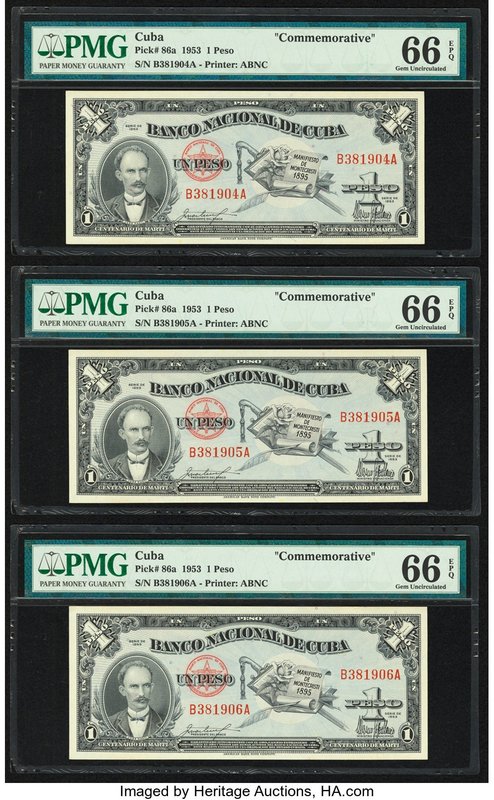 Cuba Banco Nacional de Cuba 1 Peso 1953 Pick 86a Six Consecutive Commemorative E...