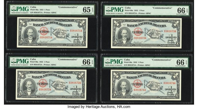 Cuba Banco Nacional de Cuba 1 Peso 1953 Pick 86a Eight Consecutive Commemorative...