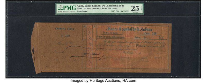 Cuba Banco Espanola de la Habana 300 Pesos 1800's Pick Unlisted Bond Remainder P...