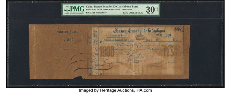 Cuba Banco Espanola de la Habana 1000 Pesos 1800's Pick Unlisted Bond Remainder ...