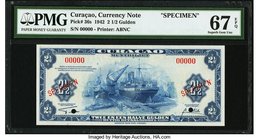 Curacao Muntbiljet 2 1/2 Gulden 1942 Pick 36s Specimen PMG Superb Gem Unc 67 EPQ. A near-perfect Specimen example of this wartime issue that was print...