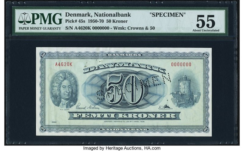 Denmark Nationalbank 50 Kroner 1962 Pick 45s Specimen PMG About Uncirculated 55....