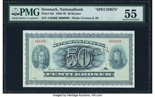 Denmark Nationalbank 50 Kroner 1962 Pick 45s Specimen PMG About Uncirculated 55. A handsome and scarce Specimen, of which we have only offered a few t...