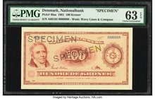 Denmark Nationalbank 100 Kroner 1961 Pick 46as Specimen PMG Choice Uncirculated 63 EPQ. This scarce Specimen is seldom seen such a high grade, and eve...