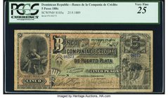 Dominican Republic Banco de la Compania de Credito de Puerto Plata 5 Pesos 25.9.1889 Pick S105a PCGS Very Fine 25. A surviving issued example from the...