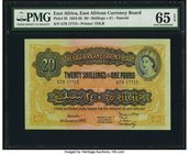 East Africa Currency Board 20 Shillings = 1 Pound 1.1.1955 Pick 35 PMG Gem Uncirculated 65 EPQ. A striking orange and black color scheme with the "kin...